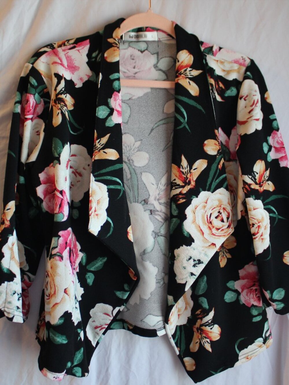 Doublju Floral Open Front Draped Blazer Machine Washable Business Casual Jacket